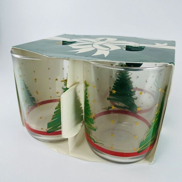 3 Libbey Christmas Tree Drinking Glasses Green Gold Stars Red Stripe In Holder - Picture 7 of 7